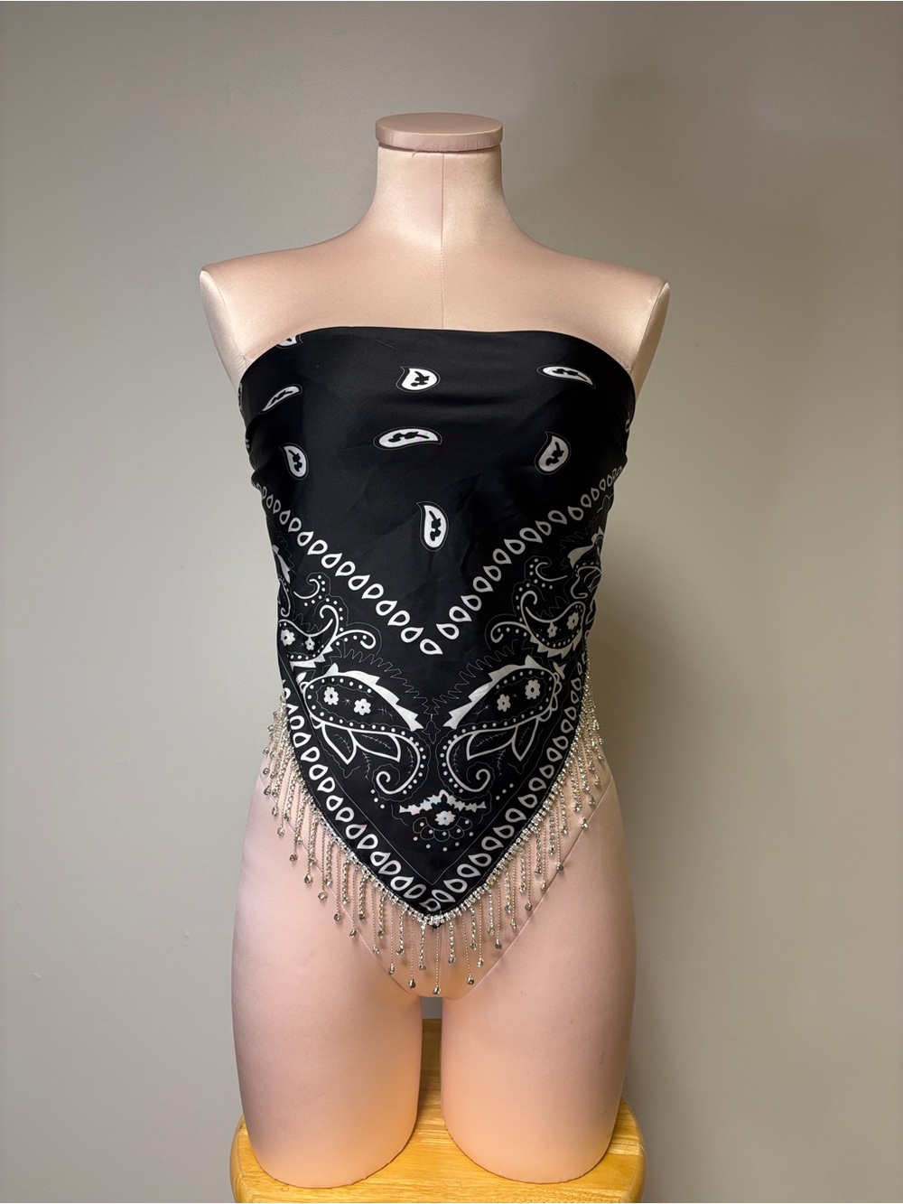 Black Bandana-Print Rhinestone Fringe Strapless Top